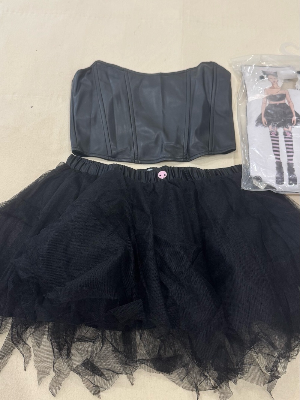 Forever 21 Black Tulle Skirt and Faux Leather Corset Top with Pink Skull Accent